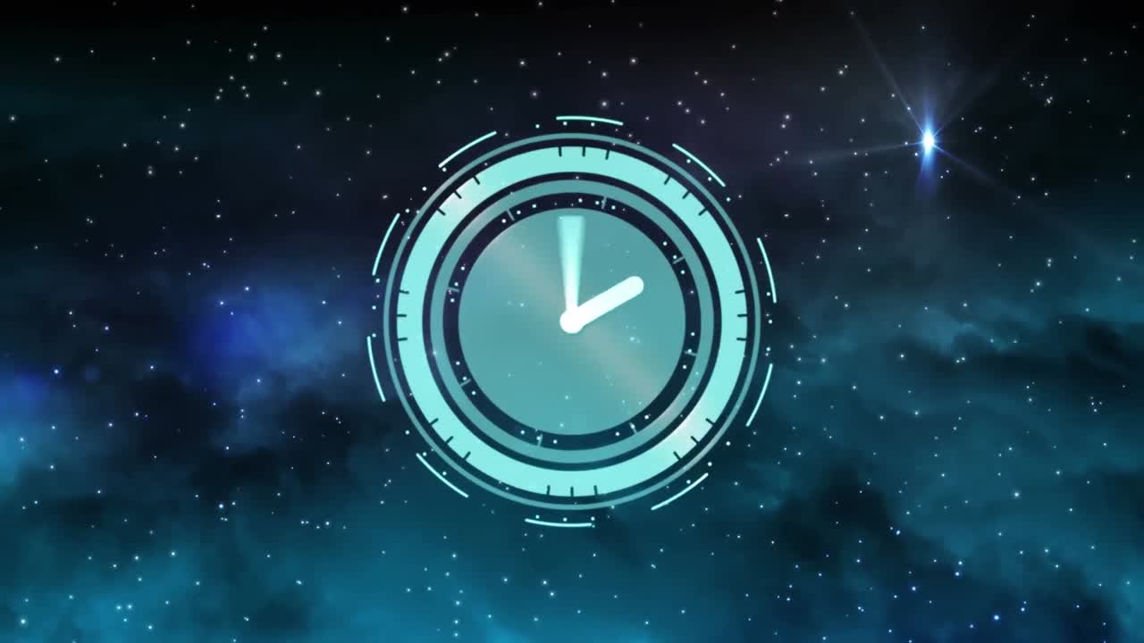 animación de un reloj con manecillas en movimiento sobre estrellas brillantes sobre fondo negro