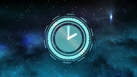 Animation-of-clock-with-moving-hands-over-glowing-stars-on-black-background