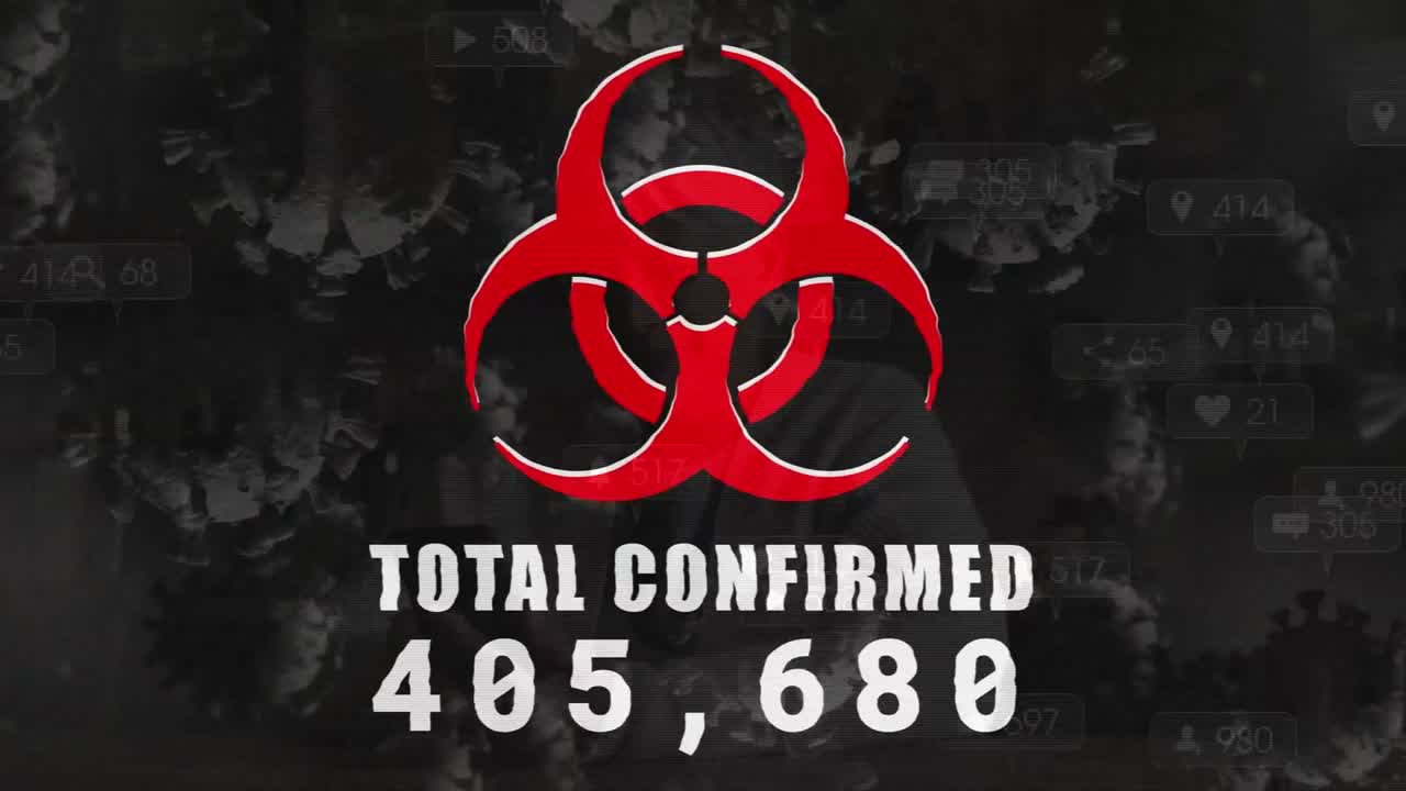 animación de células de covid 19 y procesamiento de datos con símbolo de peligro biológico