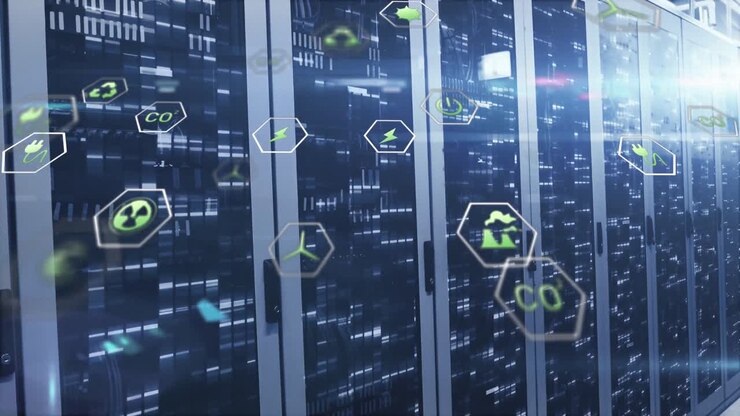 Animation of multiple icons with lens flares over bars on data server racks in server room