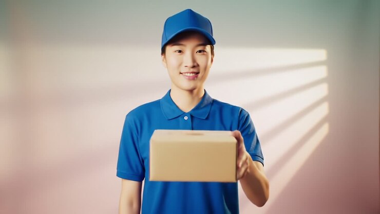 Un giovane corriere in uniforme blu presenta un pacco, mostrando entusiasmo per il proprio ruolo nel fornire consegne puntuali e un servizio eccezionale.