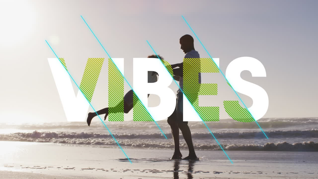 Animation von Vibes-Text über afroamerikanischem Vater mit Tochter am Strand