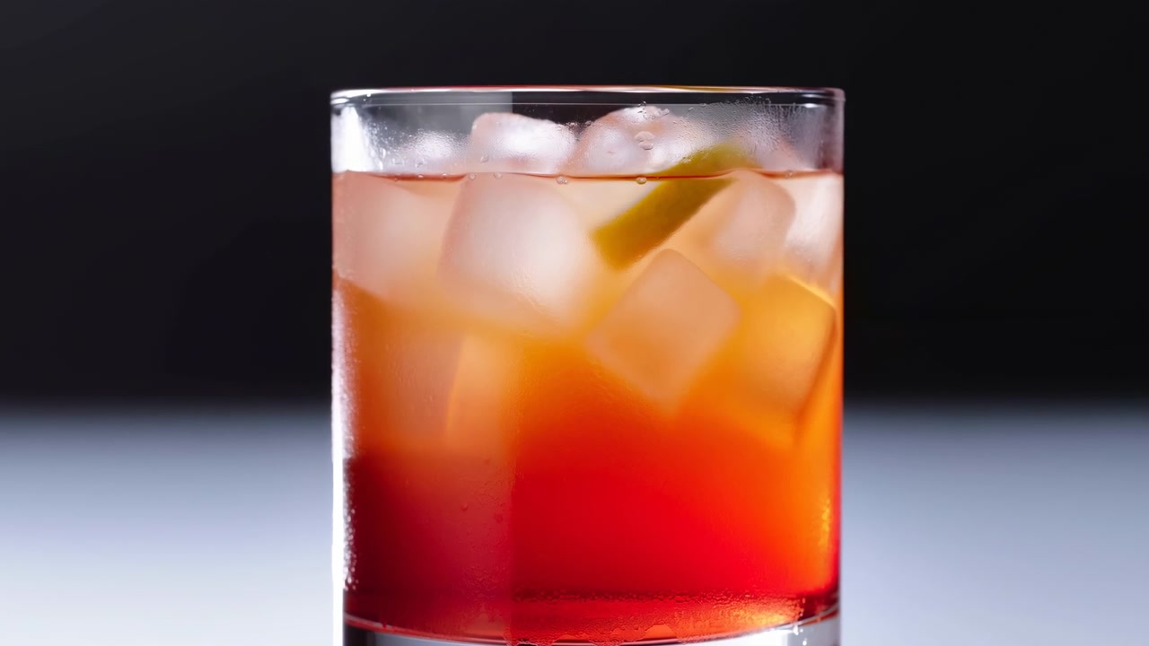 Bicchiere da cocktail ghiacciato con sfumatura arancione, cubetti di ghiaccio e guarnizione di spicchio di lime in un bicchiere rocks trasparente, vivace.