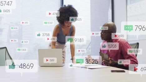 animation of multiple notification bars over diverse coworkers discussing strategy in office