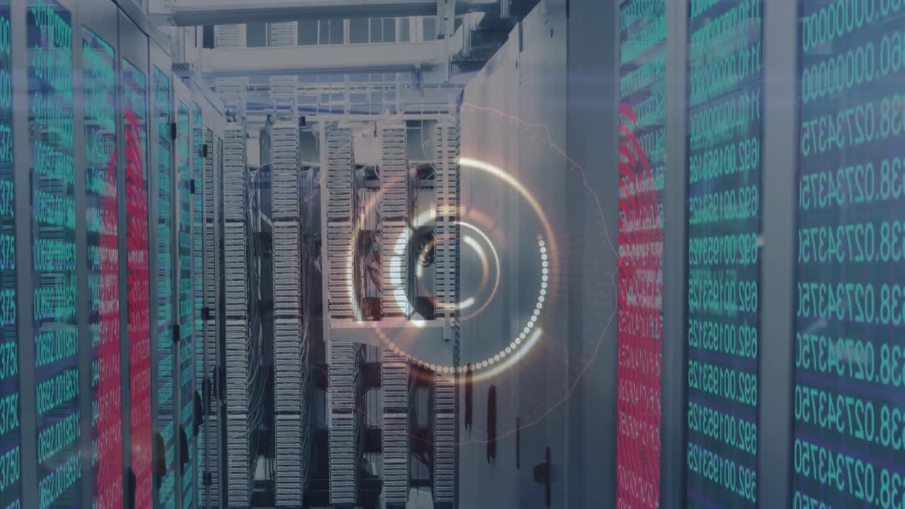 Animation of data processing and scope scanning over server room