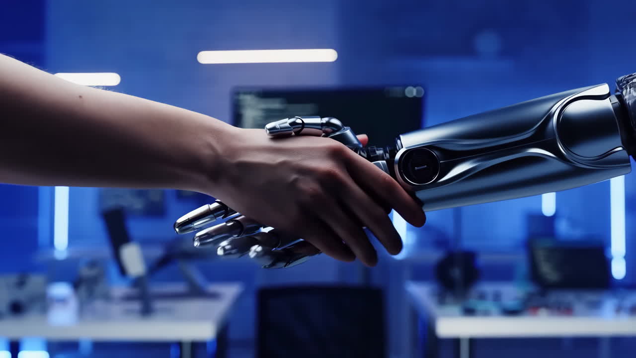Human hand shaking a robot hand, symbolizing AI and technology collaboration