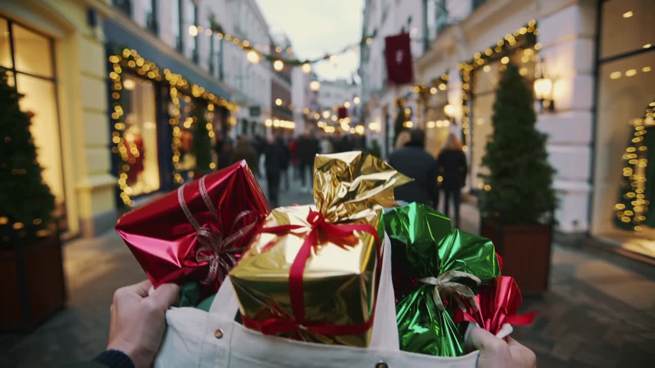 Walking shopper carrying canvas tote bag in holiday shopping street, with gift-wrapped boxes