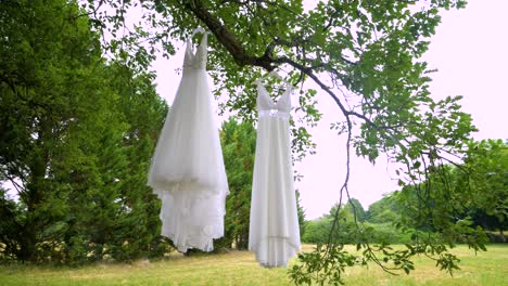 Slow-orbiting-shot-showing-a-brides-multiple-wedding-dresses-hanging-in-a-garden