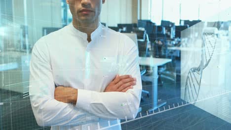 Animation-of-screens-with-data-processing-against-biracial-man-with-arms-crossed-standing-at-office