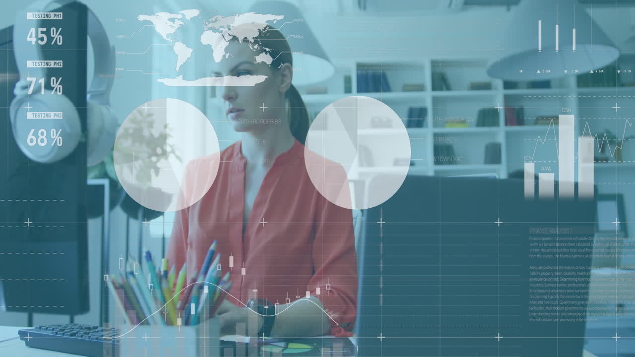 animación de procesamiento de datos estadísticos contra una mujer caucásica pensativa que usa computadora en la oficina