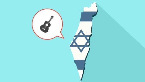 animation of a long shadow israel map with its flag and a comic balloon with a six string acoustic guitar