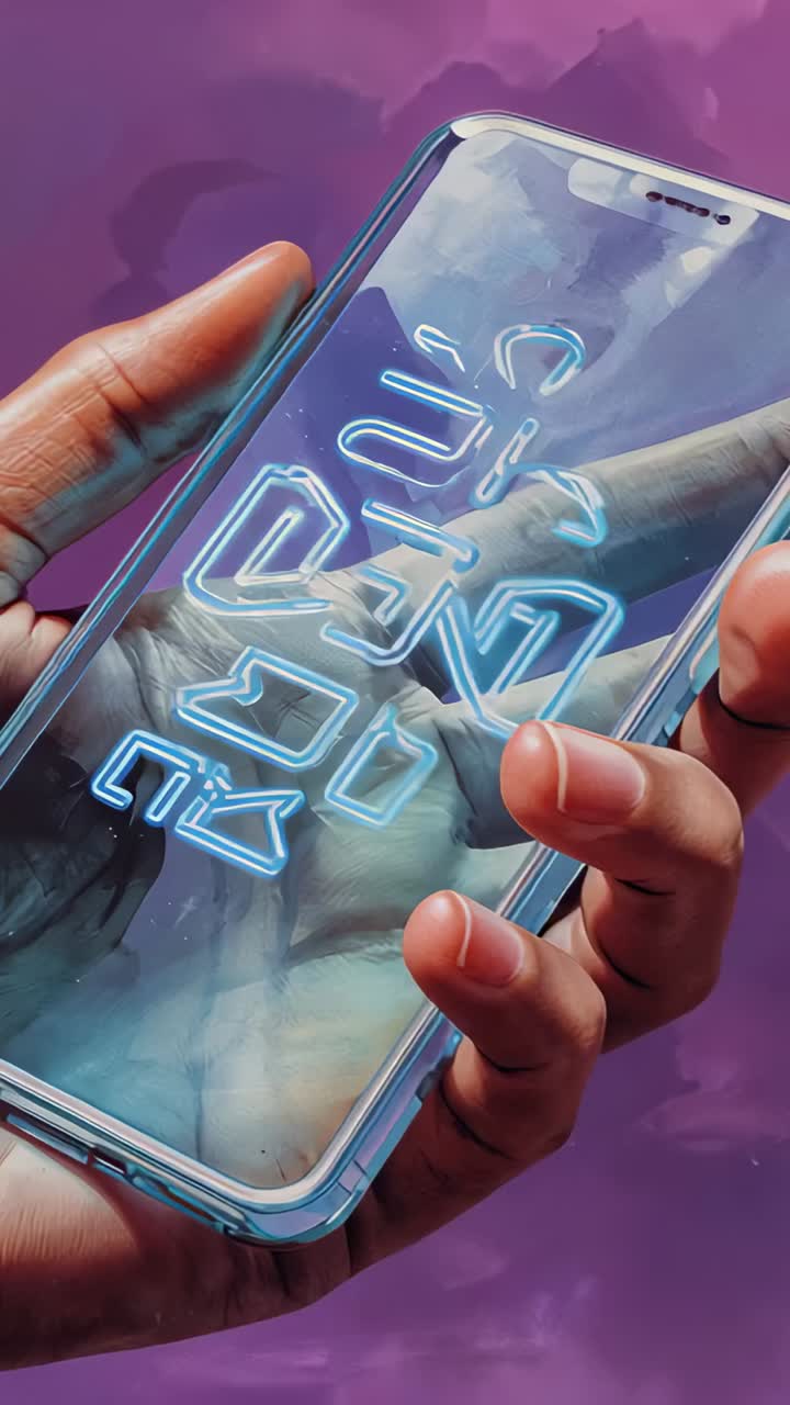 Video verticale: primo piano di una custodia per telefono inclinata a mano su set viola, con riflessi neon e palme