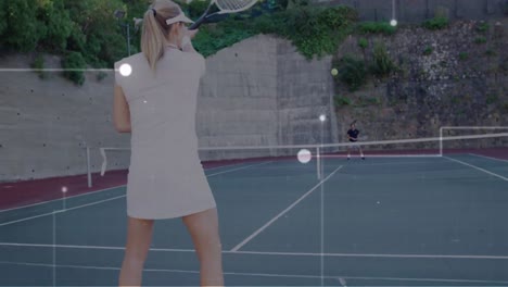 Animation-Des-Netzwerks-Von-Verbindungen-über-Eine-Kaukasische-Tennisspielerin-Auf-Dem-Platz