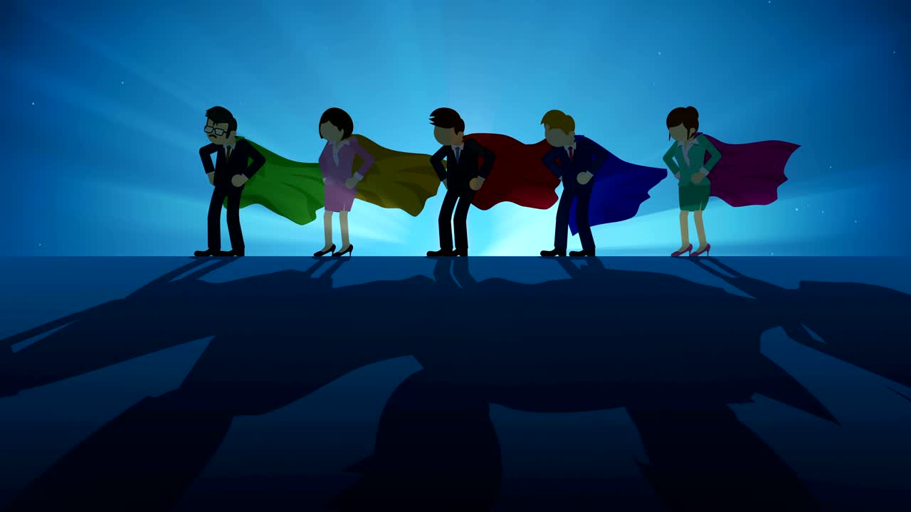 스포트라이트에 서있는 슈퍼히어로: 비즈니스 팀 우승자 상징, 팀워크 및 성공 개념, 코 루프 애니메이션