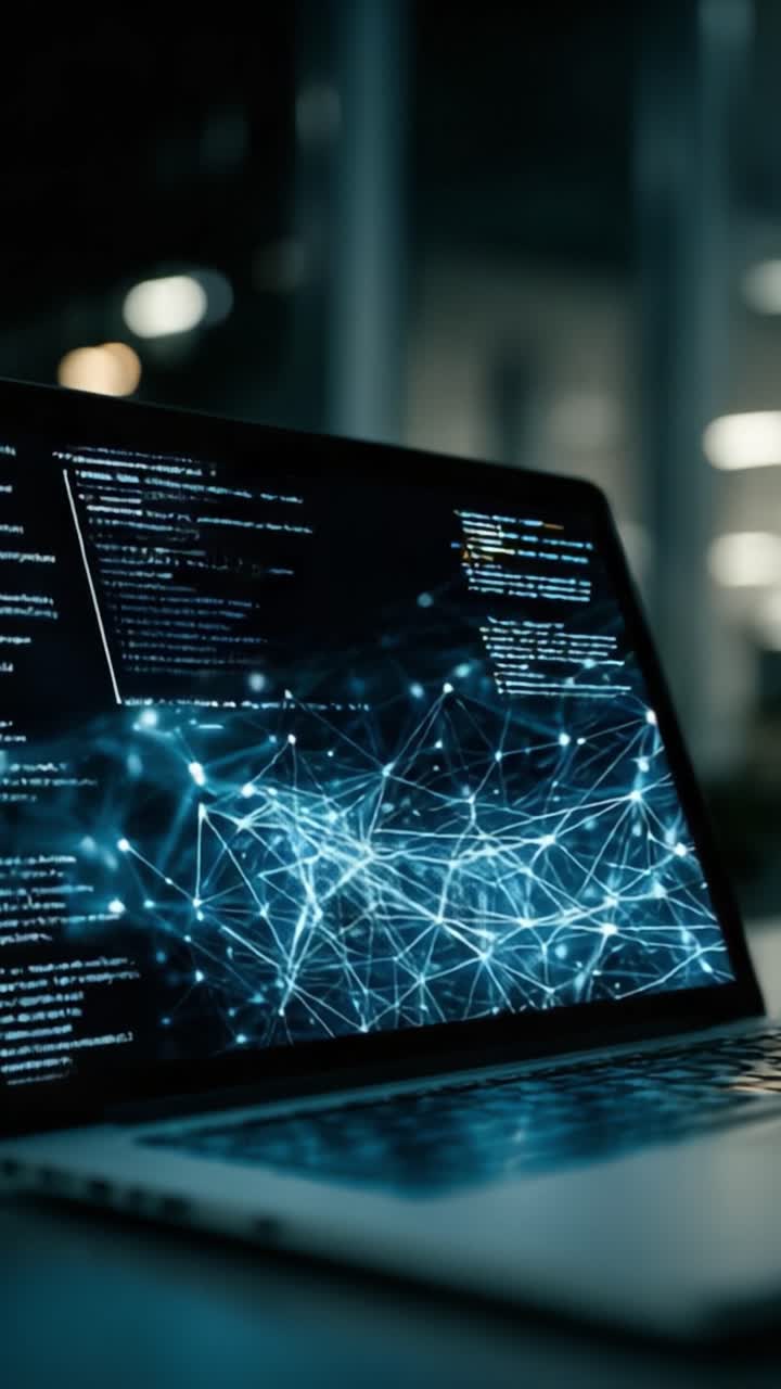 A Close-Up View of a Laptop Screen Displaying Dynamic Code and a Digital Network Visualization, Highlighting the Intersection of Technology and Data Science in a Dark Environment