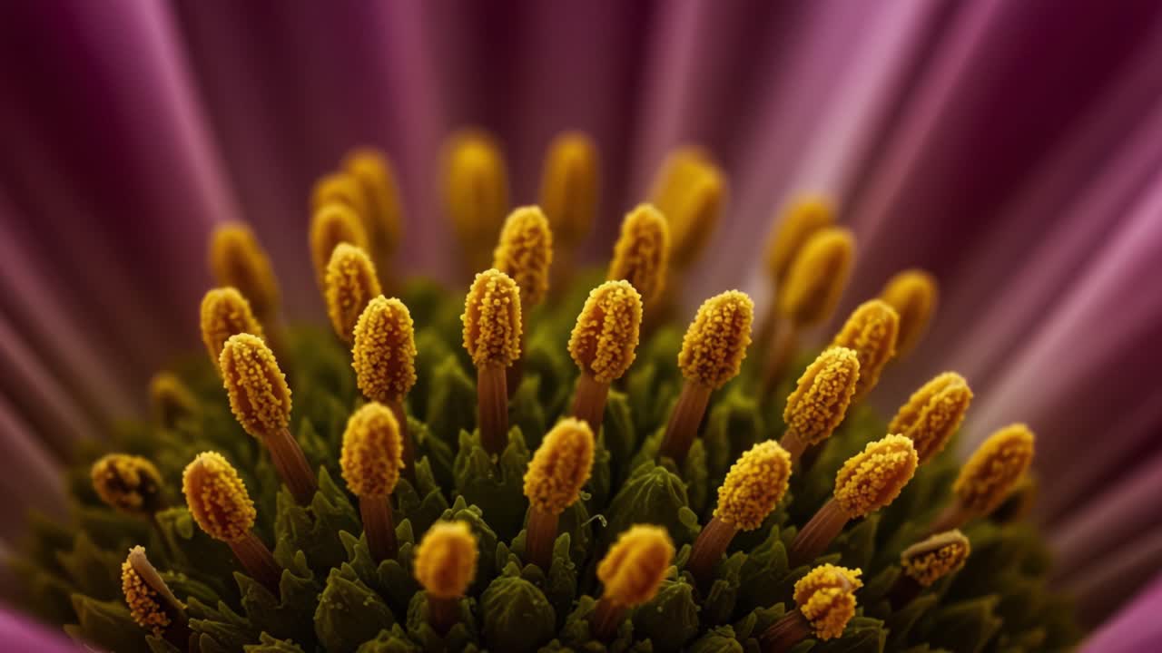 Close-Up of a Beautiful Flower with Vibrant Pink Petals Highlighting the Intricate Structure of Yellow Stamen and Green Sepals, Capturing Nature's Subtle Details