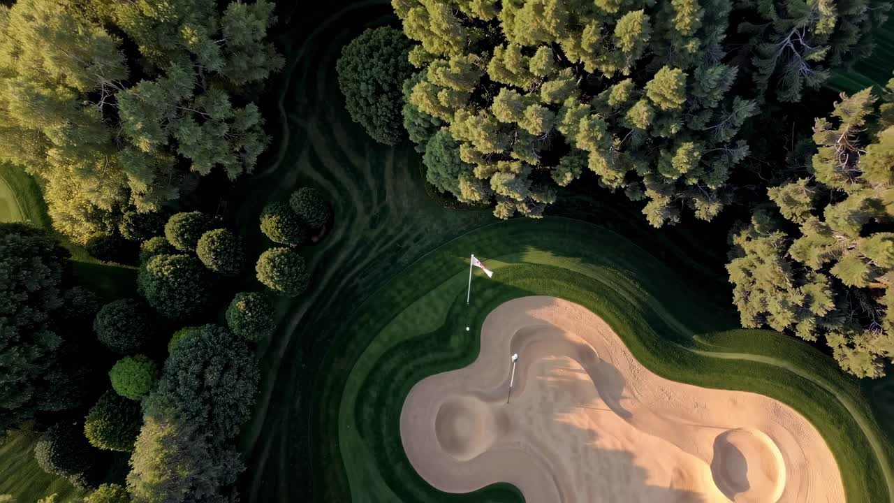 Aerial view of a golf course green surrounded by sand traps and lush trees, showcasing a serene
