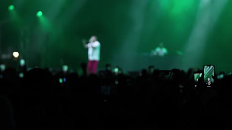 singer and his band performing on bright scene in front of fans crowd at night