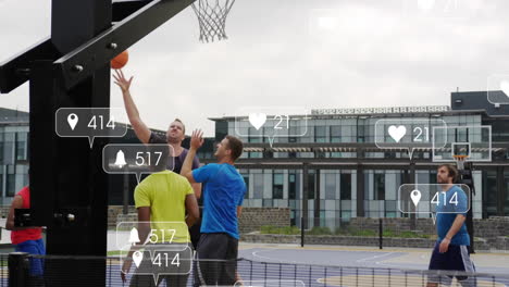 Playing basketball on outdoor court, players with social media notifications overlay