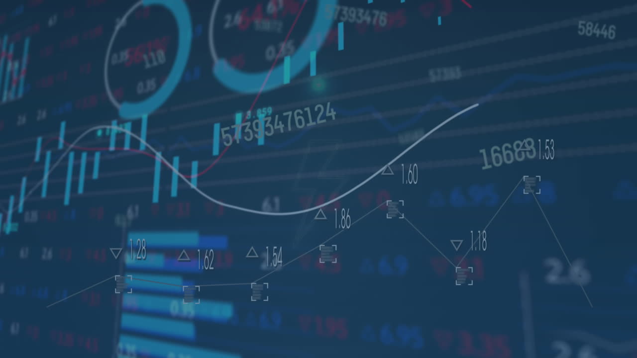 animación de iconos de baterías de neón sobre el procesamiento de datos estadísticos y de mercado de valores en fondo azul