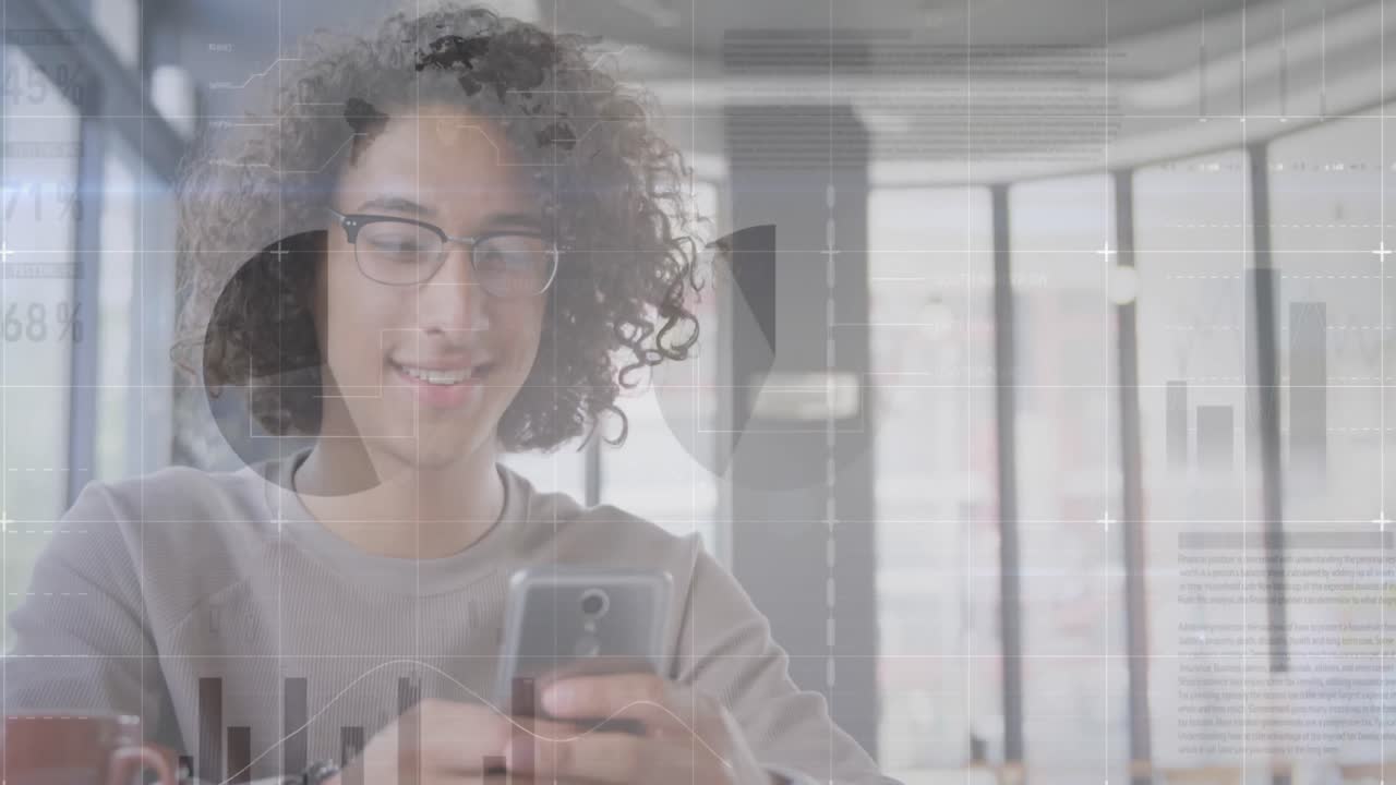Animazione di statistiche ed elaborazione dati su un uomo che usa uno smartphone