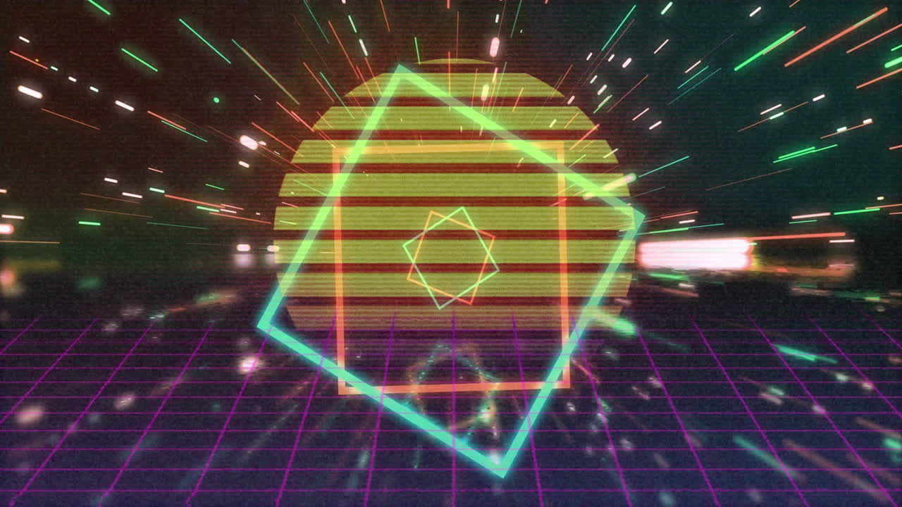 Neon lights and geometric shapes over grid background in retro futuristic animation