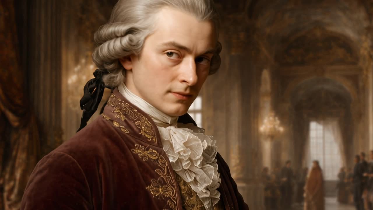 Elegante uomo del XVIII secolo che tiene uno spartito musicale in una grande sala, catturato in un fermo immagine video, a livello degli occhi