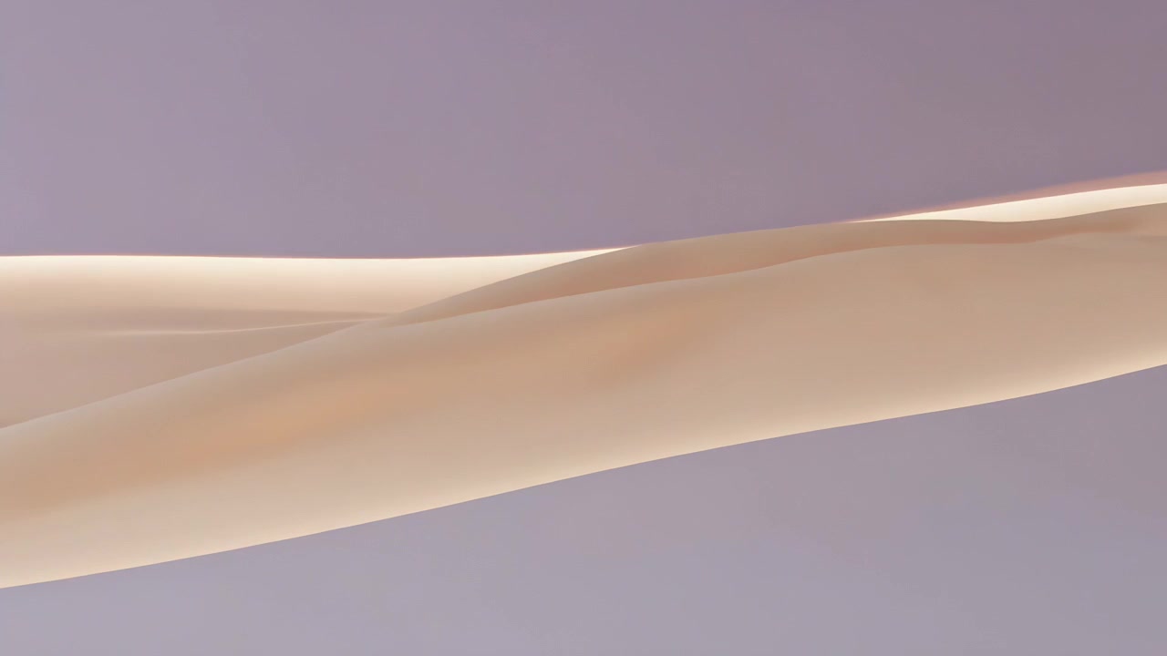 Drifting pale beige ribbon waving from air current in studio, with lavender panel, soft lighting