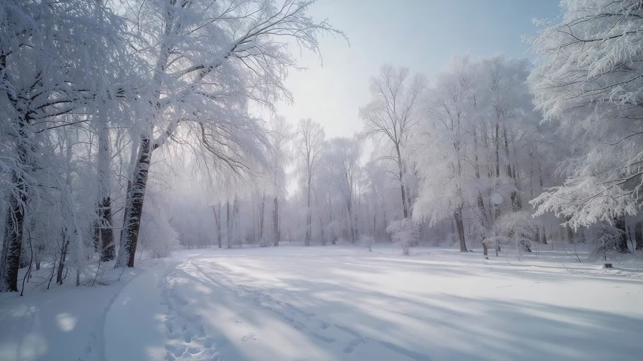 Panning camera as sun brightening, revealing frosted birch meadow at forest clearing with tracks