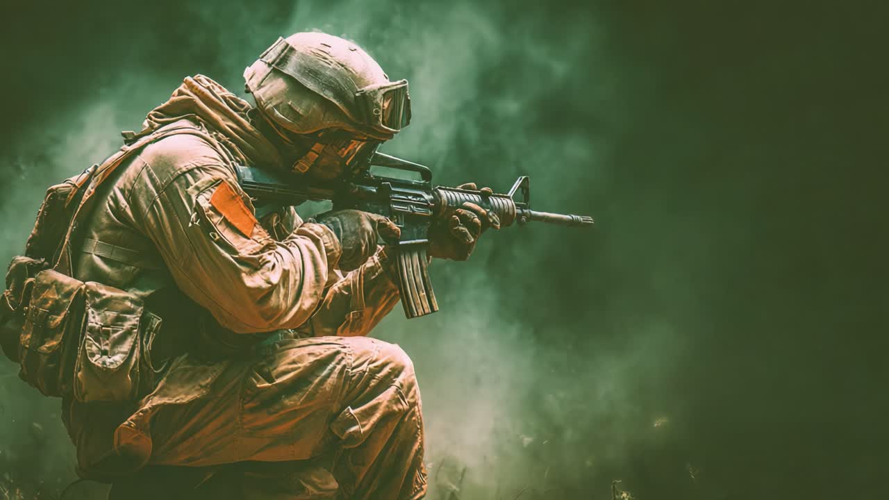 A soldier in combat stance, equipped with an assault rifle, navigates through a smoky battlefield environment, embodying focus, determination, and readiness for action