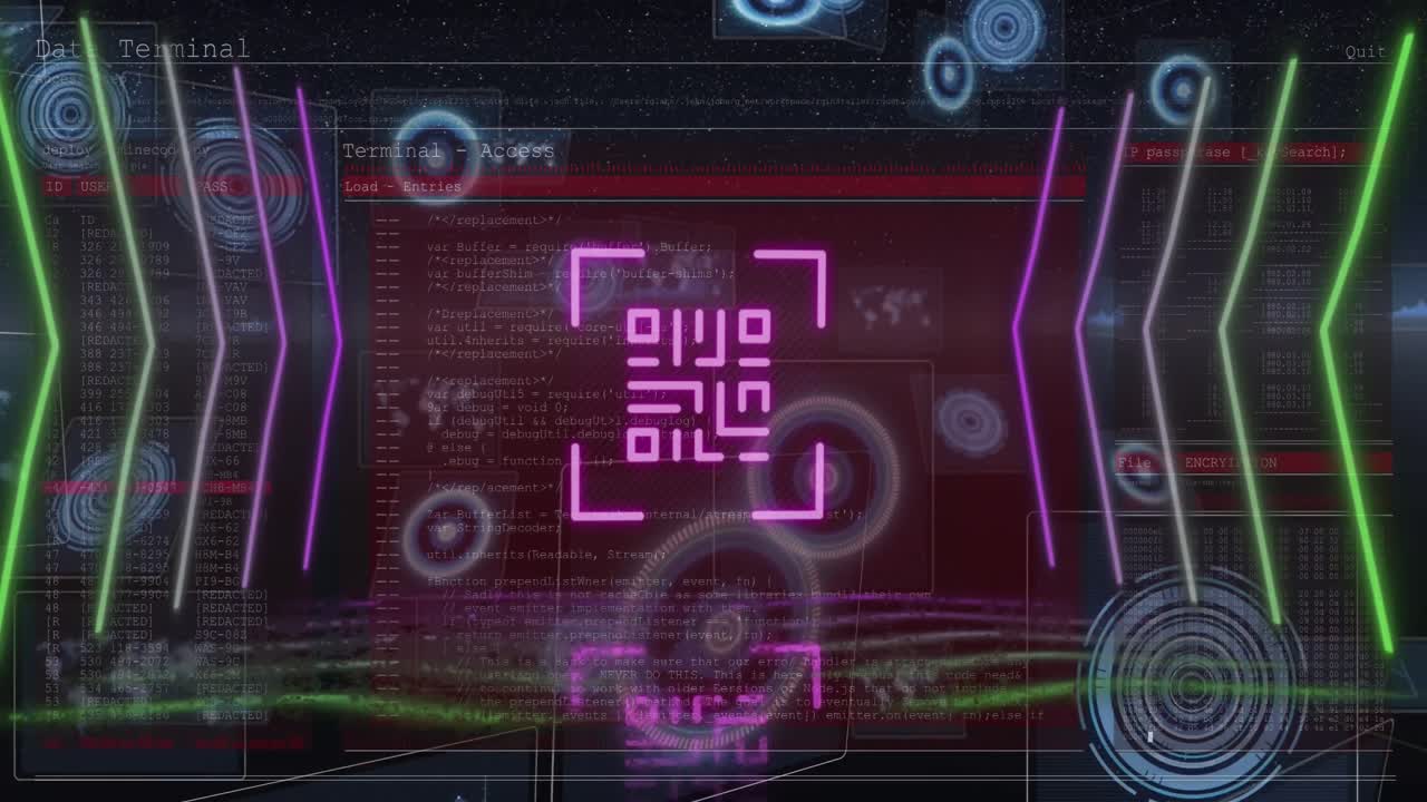 Animation of qr code over scope scanning and data processing on black background