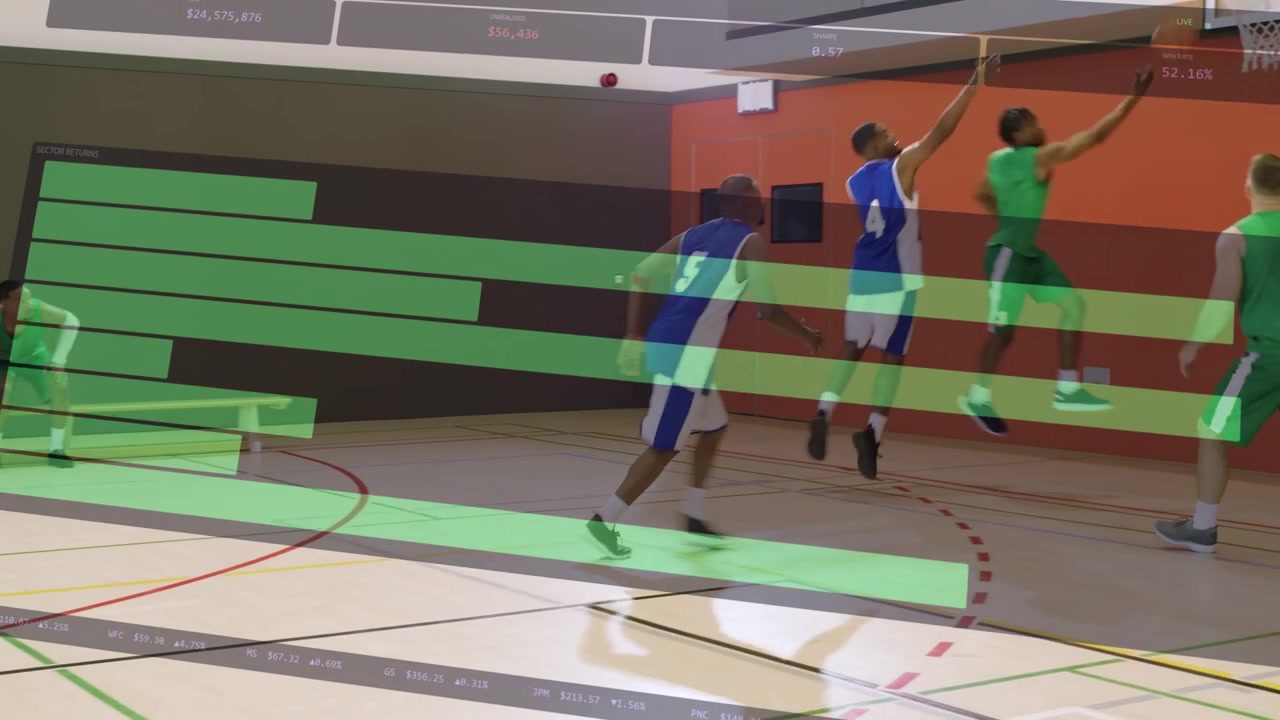 Sports green player helping teammate then dribbling to hoop to score, green UI overlaying court