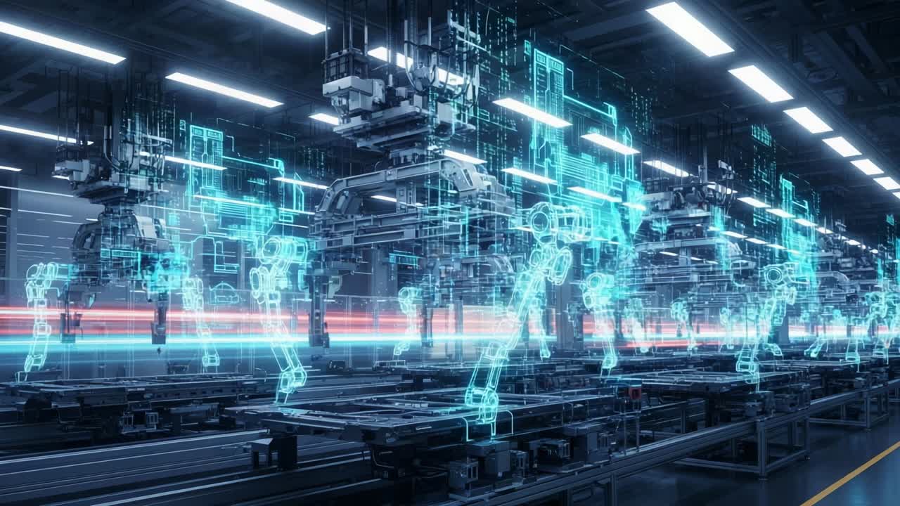 A Cutting-Edge Automation Facility Showcasing Advanced Robotic Arm Technology and Futuristic Manufacturing Processes in a High-Tech, Streamlined Production Environment Designed for Enhanced Efficiency