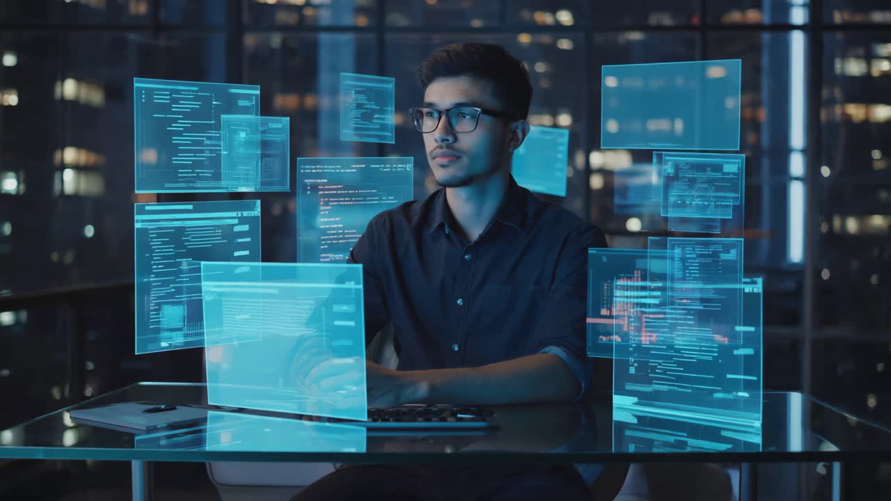 Programmer Working with Futuristic Holographic Interfaces