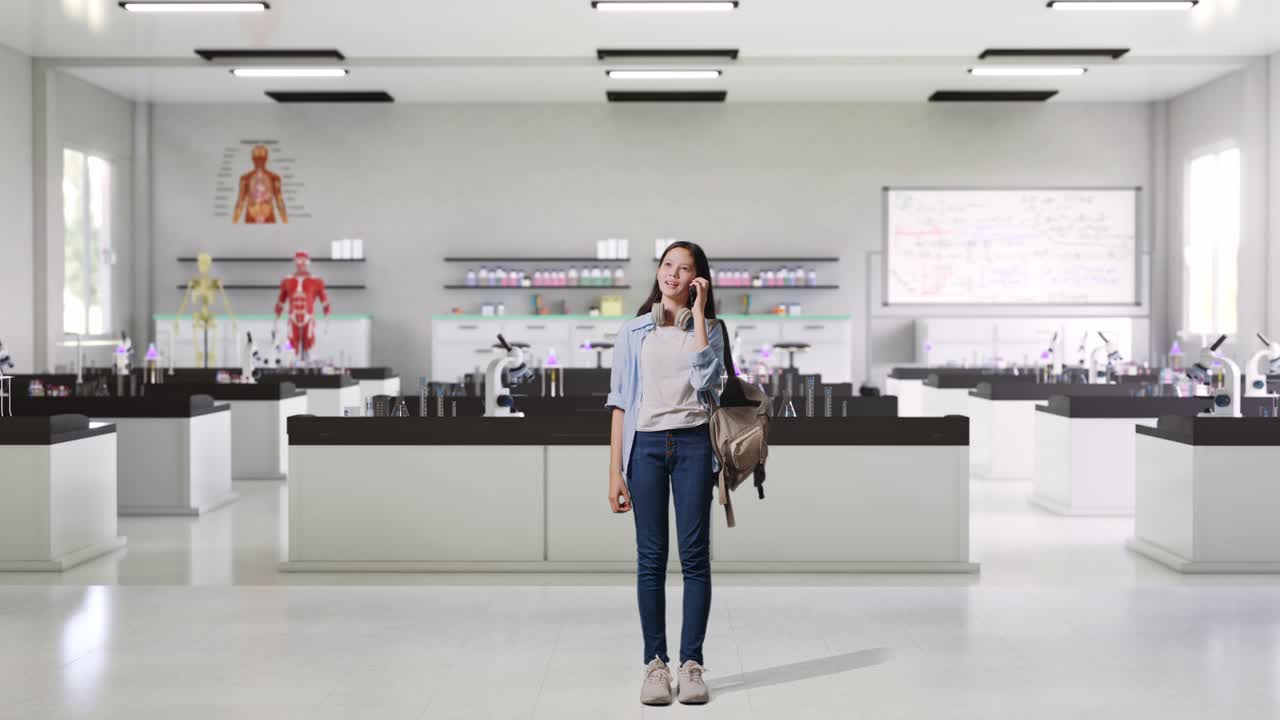 과학 교실 에서 전화 로 이야기 하는 학생