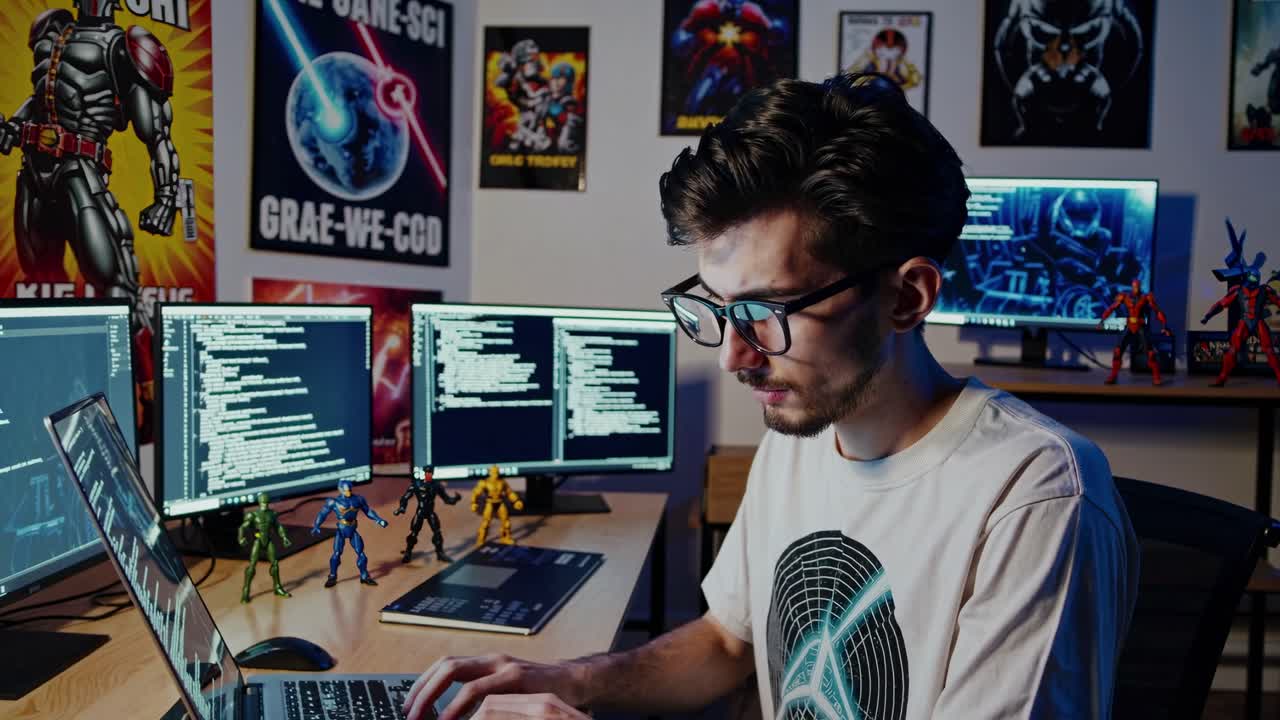 A man in a graphic tee works on a laptop surrounded by action figures and screens, shot from a side