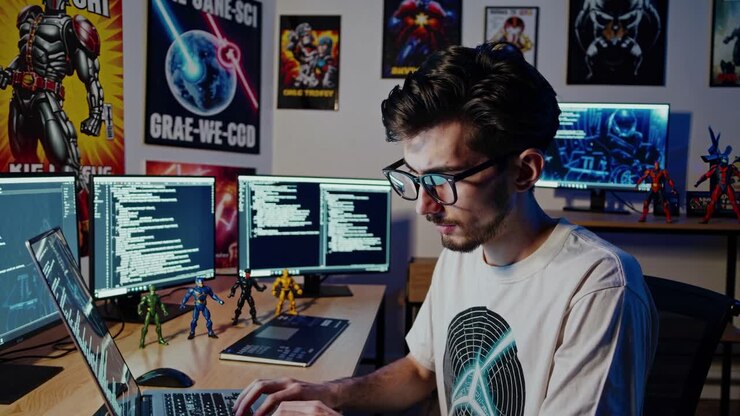 En mand i en grafisk T-shirt arbejder på en bærbar computer omgivet af actionfigurer og skærme, set fra siden