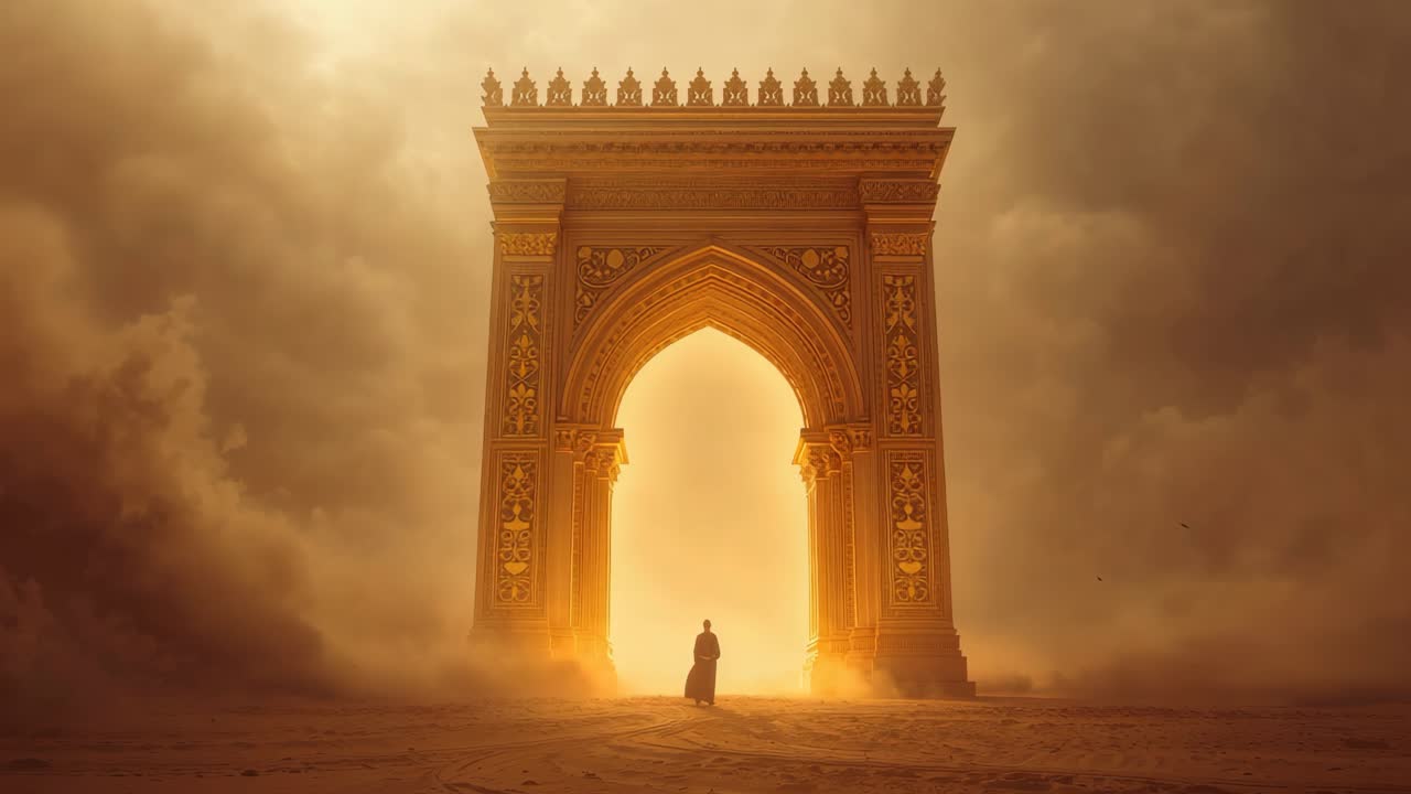 A person silhouetted in front of a golden ornate arch in a desert landscape
