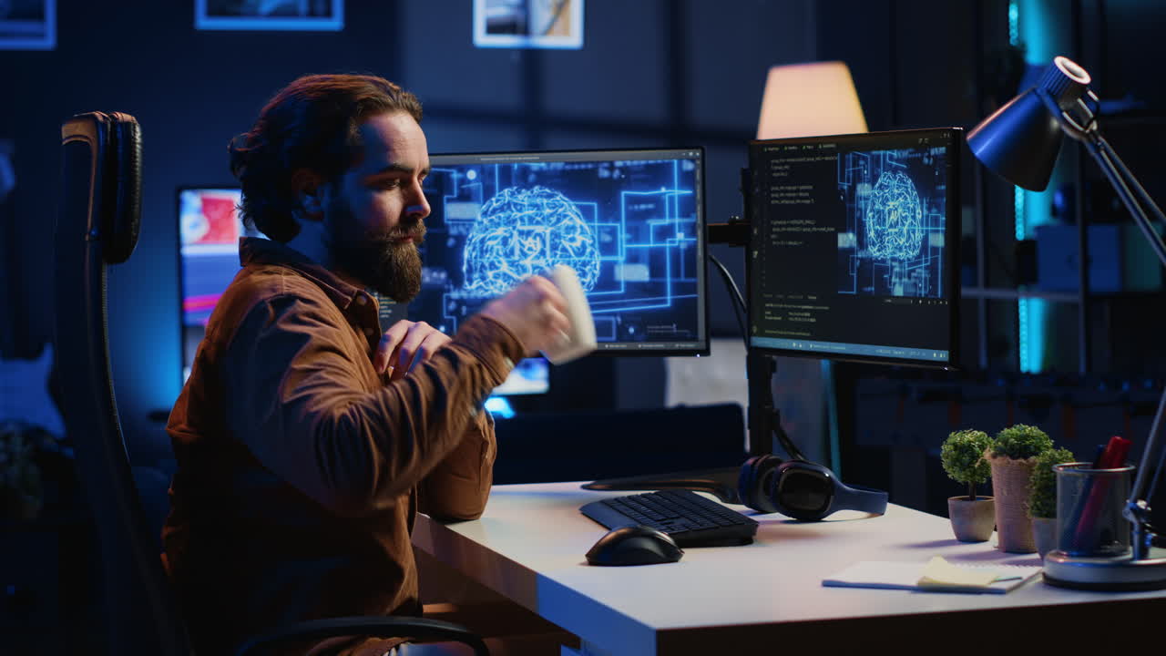 desarrollador actualizando redes neuronales ai, bebiendo café, escuchando música