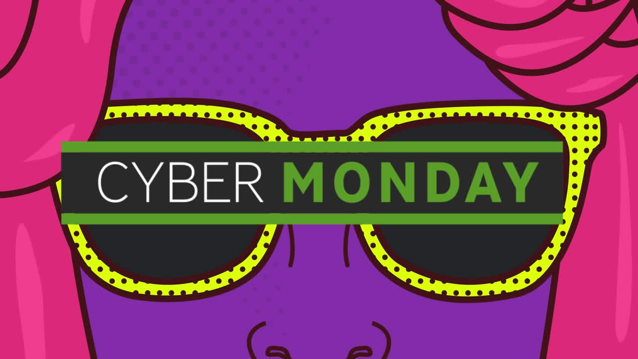 animación digital de cyber lunes banner de texto contra la mujer que lleva gafas de sol icono
