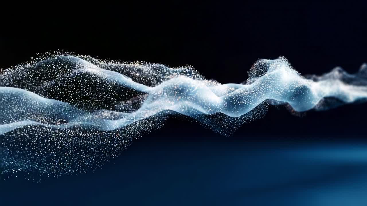 A Captivating Visual Journey Through Fluid Dynamics: Two Frames of Ethereal Particles Dancing in Waves against a Dark, Mystical Background, Capturing the Essence of Motion and Texture