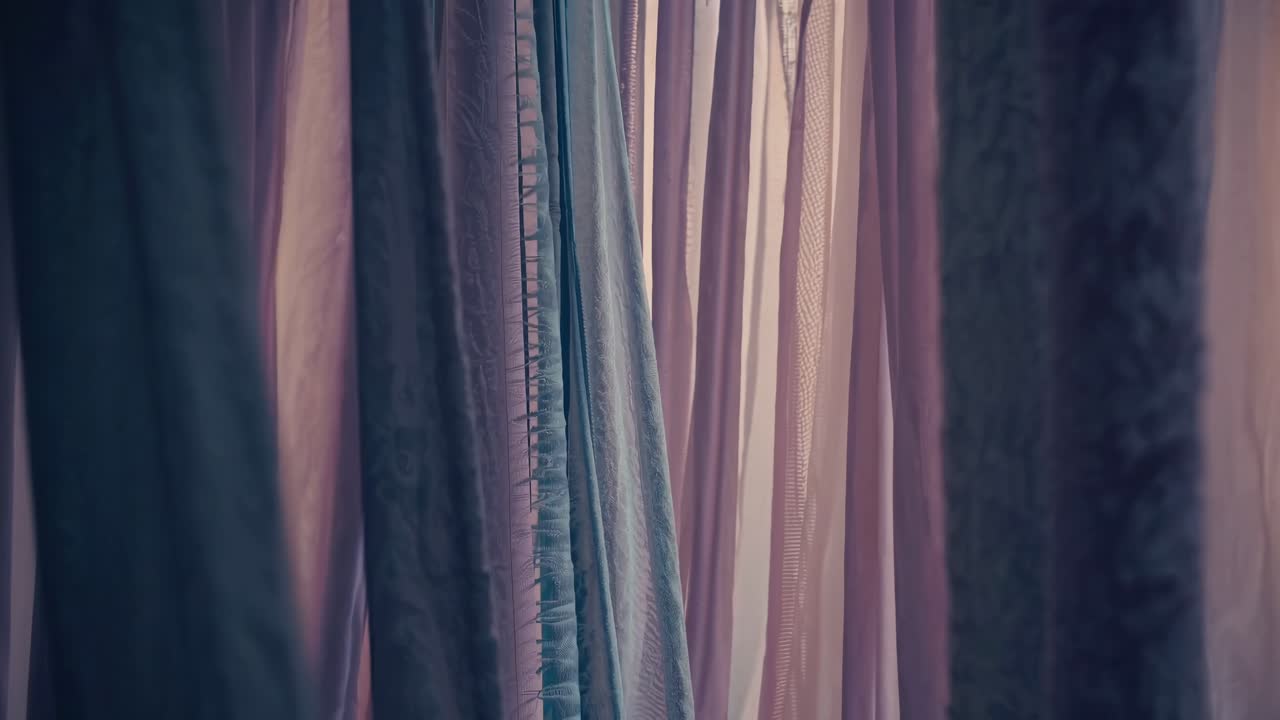 Tecidos em tons pastel suaves balançando gentilmente na luz