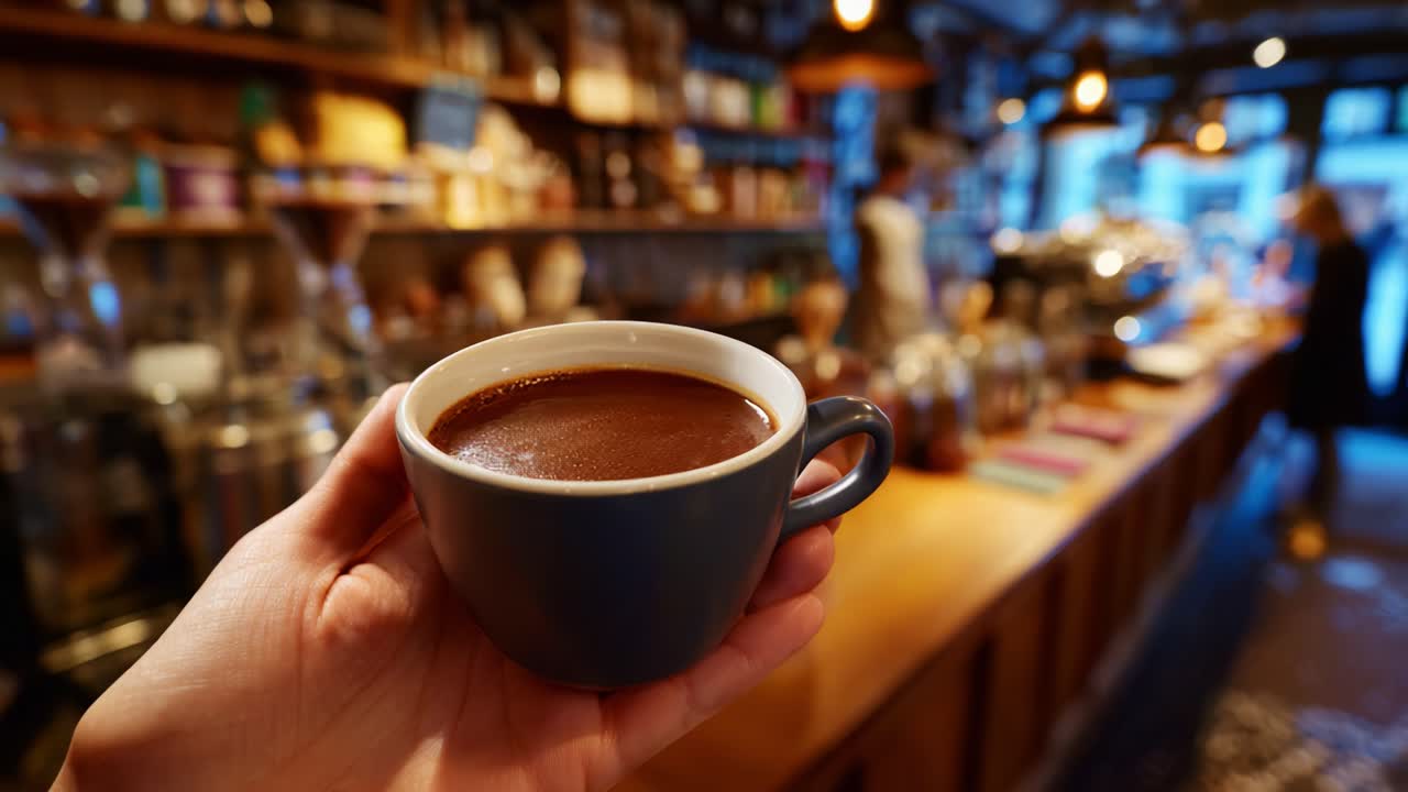 Primo piano di una mano che tiene in mano una tazza di caffè aromatico in un accogliente bar, che mette in mostra l'atmosfera calda e l'ambiente invitante di una caffetteria vivace