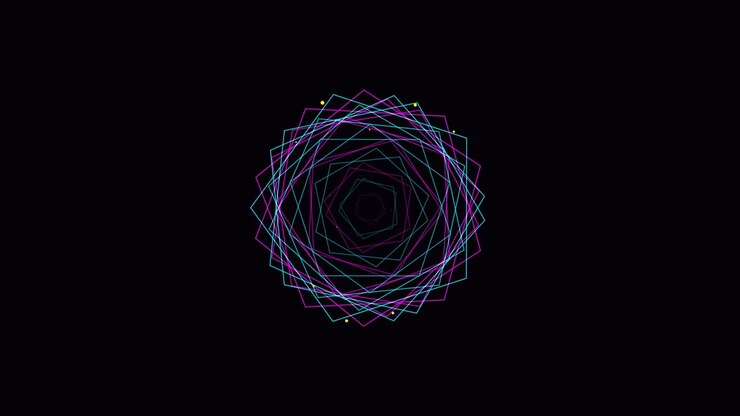 Animazione geometrica astratta di pentagoni neon rotanti