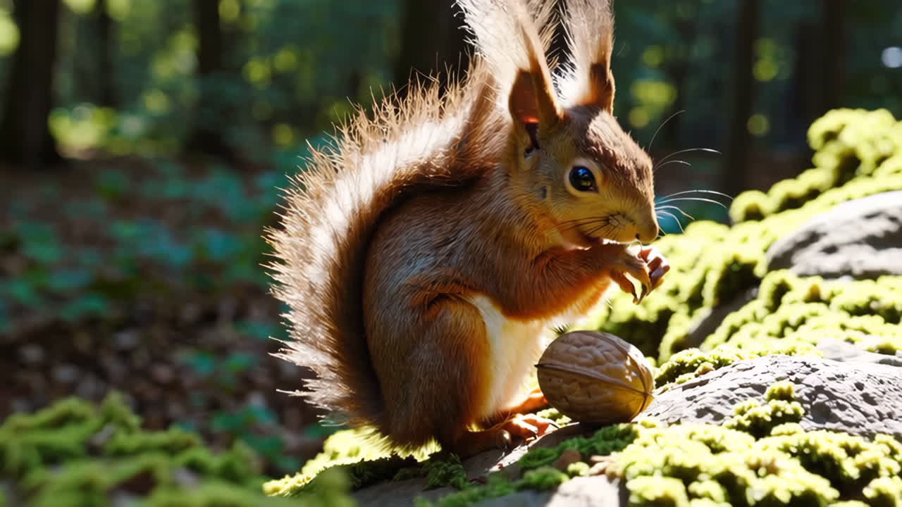 Red Squirrel Eating a Walnut in a Forest