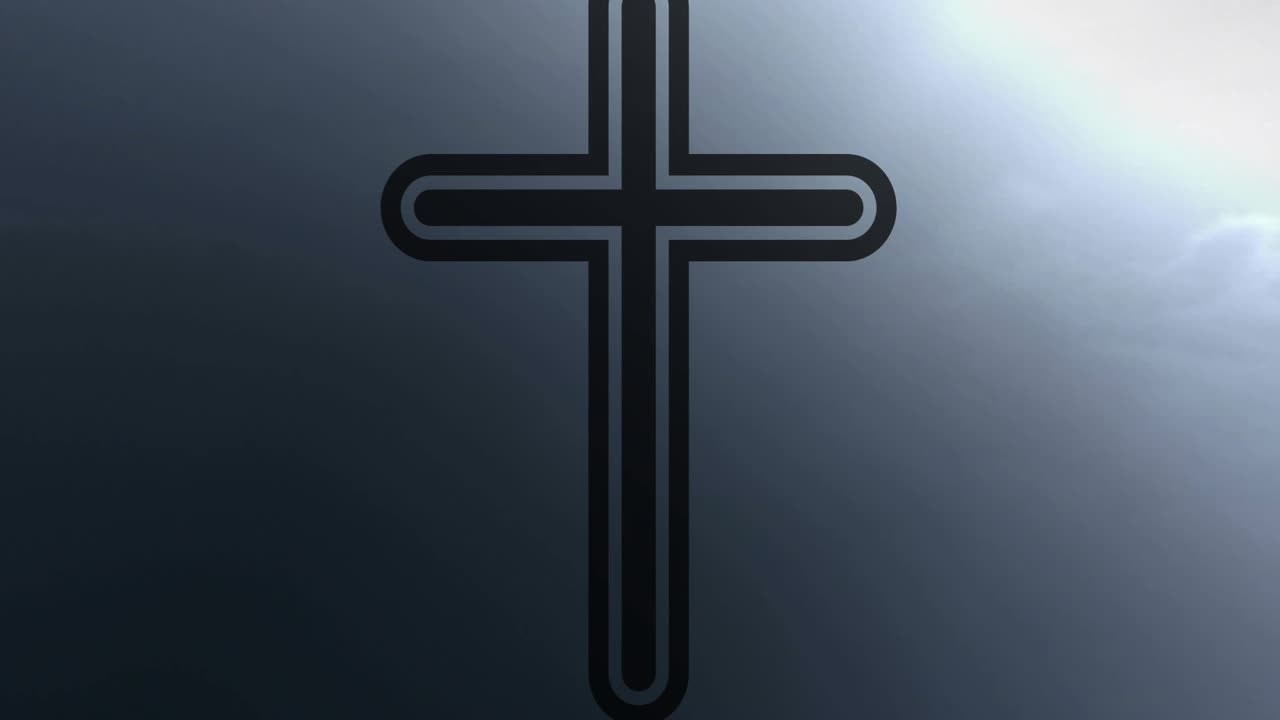 Forward camera push sending cross fixed while clouds drifting showing stars to accent symbol