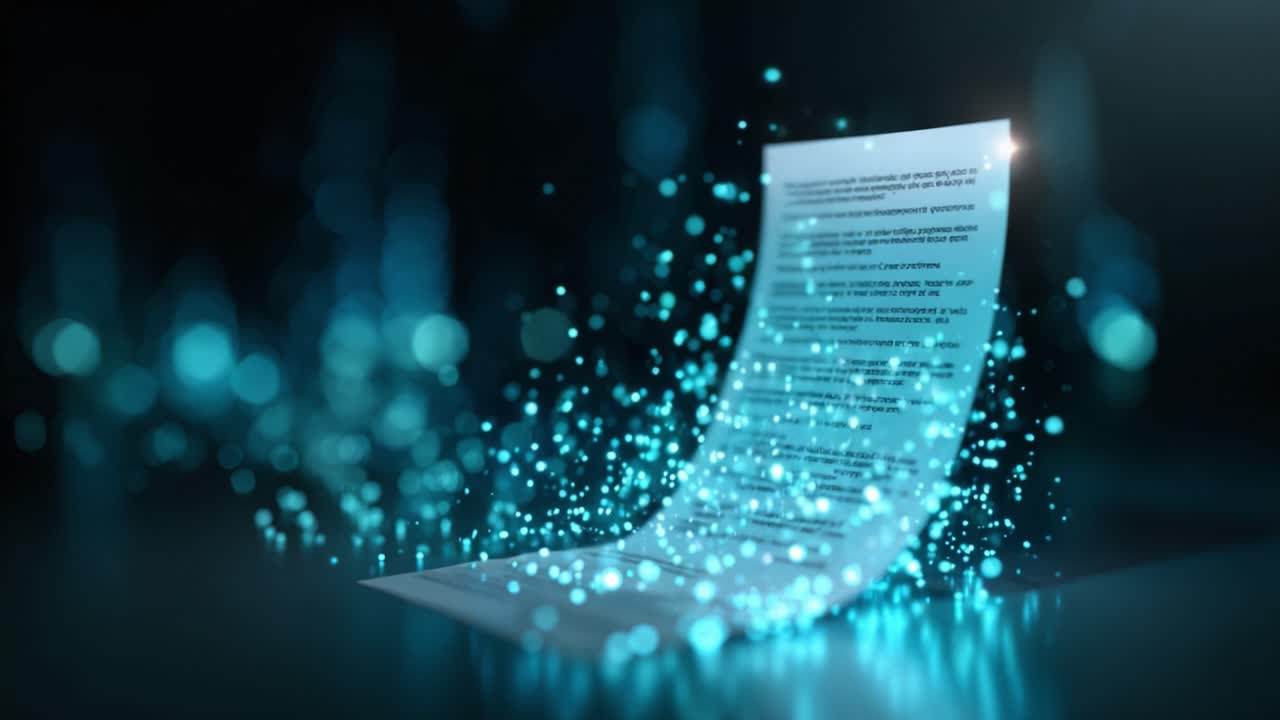 A Dynamic Display of a Floating Document Illuminated by Sparkling Particles, Creating a Magical Atmosphere of Creativity and Inspiration
