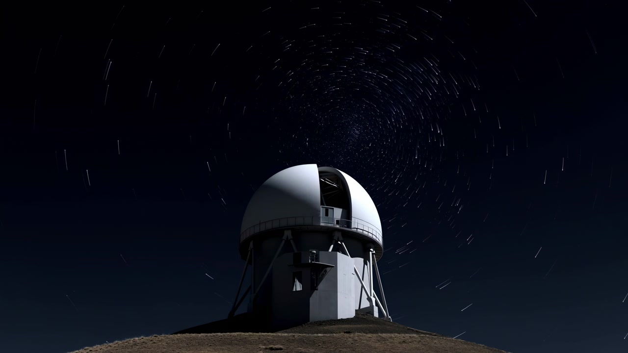 En hvit observatoriekuppel står på en avsidesliggende åsside, sterkt opplyst mot en dyp nattehimmel spredt med svake stjerner og subtil dis.