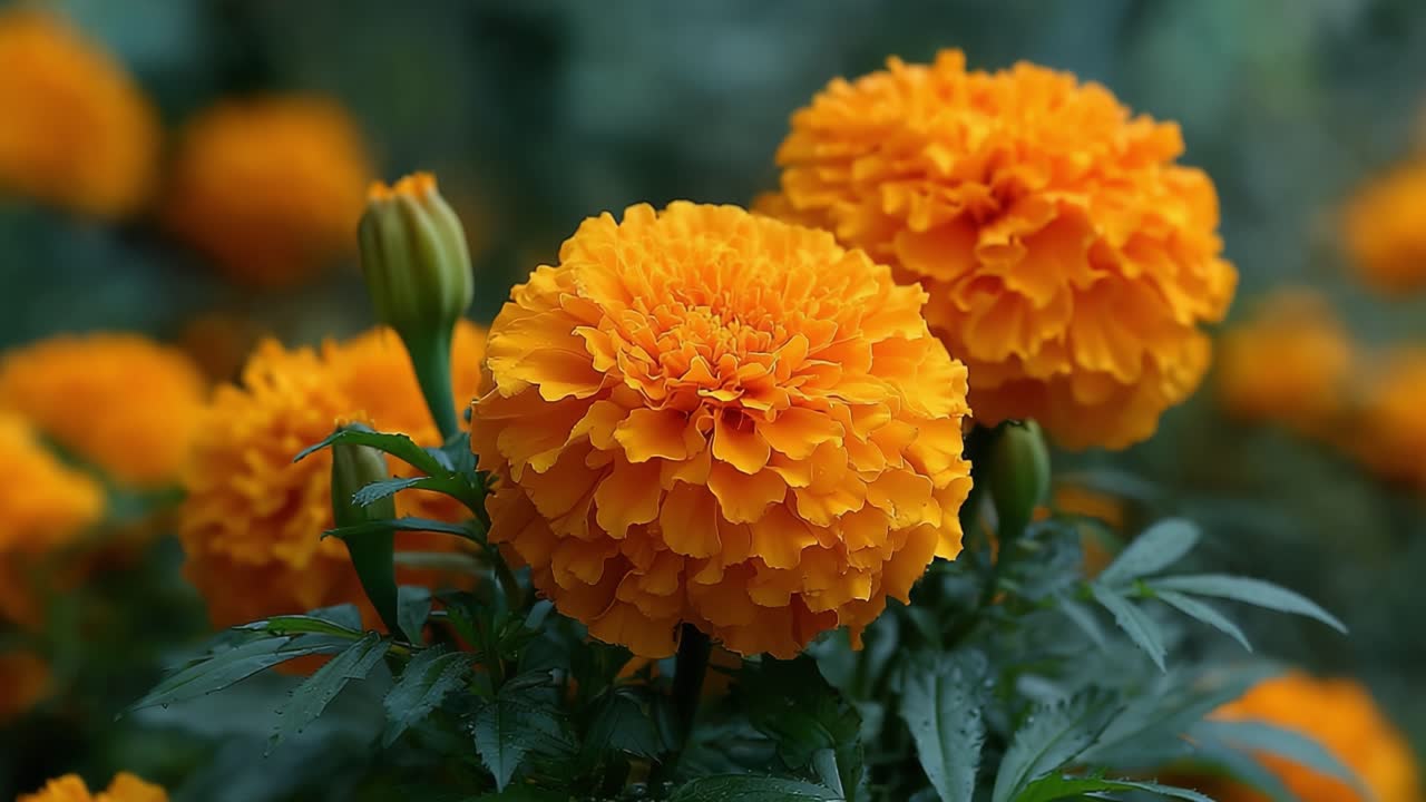 Una splendida esposizione di calendule arancioni vibranti in piena fioritura, che catturano l'essenza della bellezza della natura con i loro petali arruffati e il fogliame verde ricco e lussureggiante