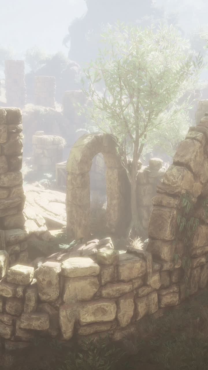 Antiche rovine di pietra circondate da alberi in un paesaggio nebbioso